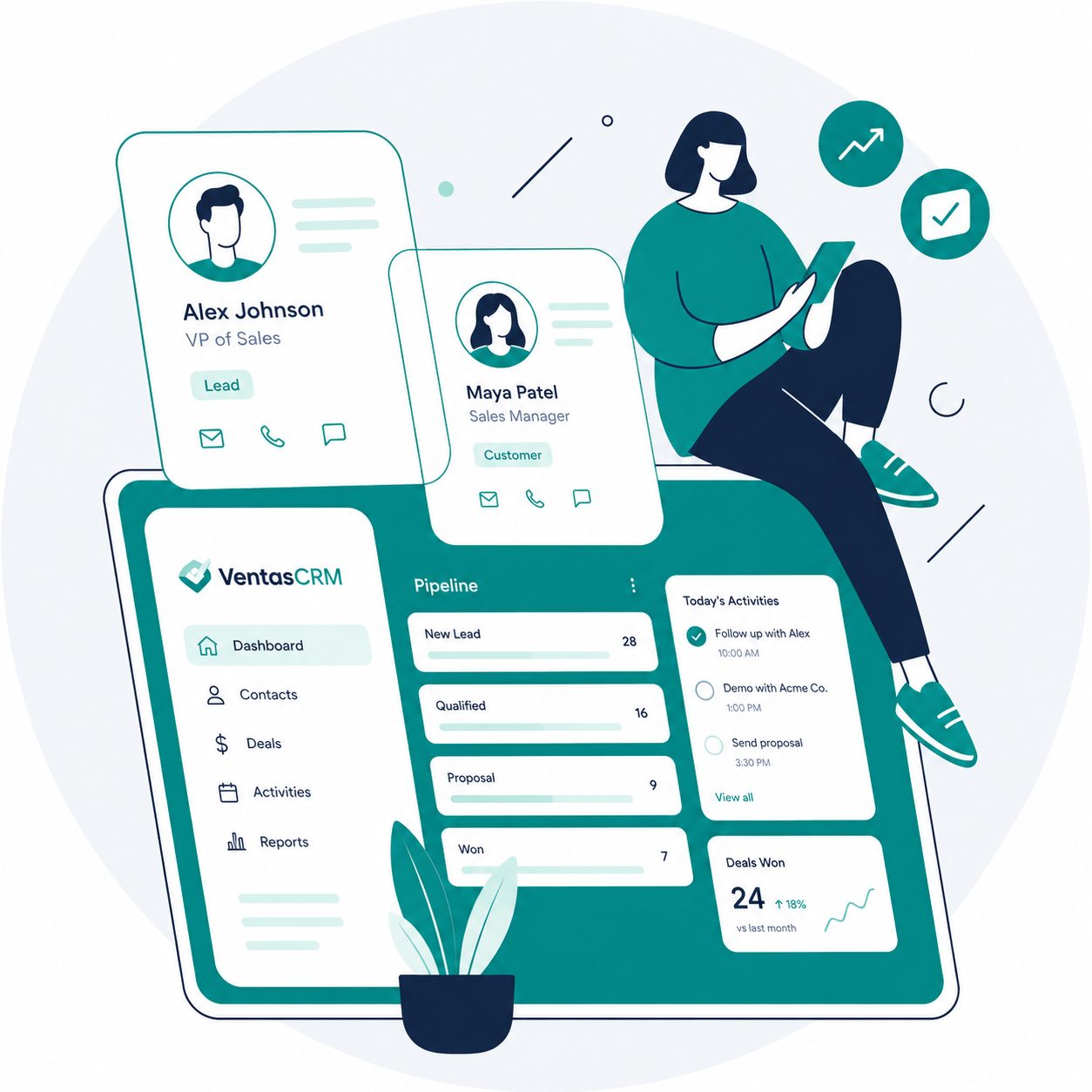 Ventas CRM irányítópult – érdeklődők, ügyletek, pipeline